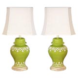 Pair of Lime Green Lamps with Decorative White Detail
