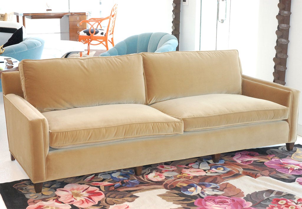 Gorgeous loose cushion sofa, upholstered in a beautiful Italian velvet, designed by William 