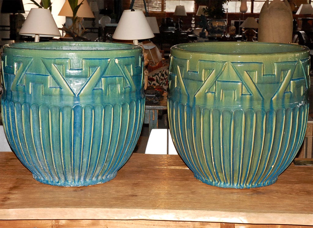 large green painted ceramic planters / two pairs available