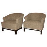 PAIR OF GRACIOUS UPHOLSTERED LOW CLUB CHAIRS BY BAKER
