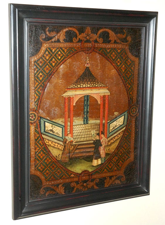 18th Century and Earlier Framed, Hand-painted Leather Panels from an 18th Century Screen