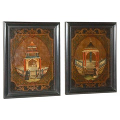 Framed, Hand-painted Leather Panels from an 18th Century Screen