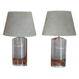 Pair of Lucite Block Table Lamps with Ultrasuede Shades