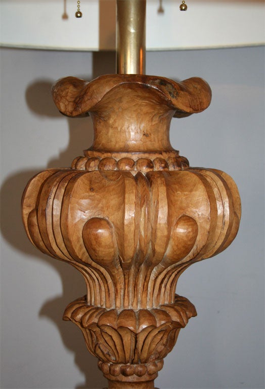 Wood  Table Lamps Pair Art Moderne carved wood 1940's For Sale