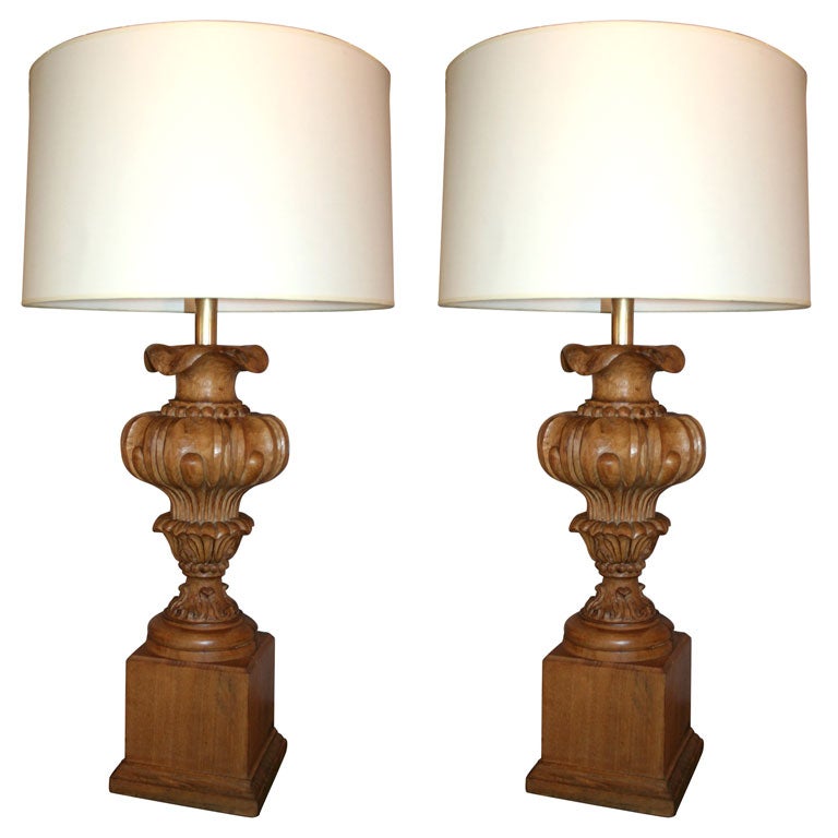  Table Lamps Pair Art Moderne carved wood 1940's For Sale