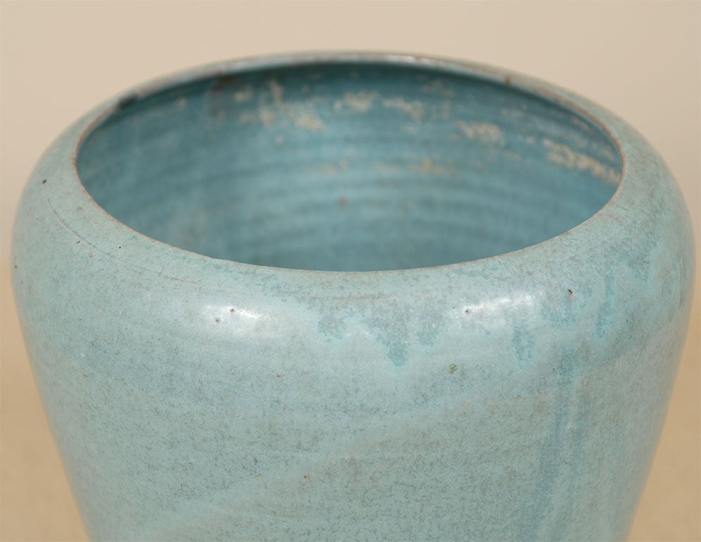 A wonderful turquoise vase by famed pottery A.R. Cole of North Carolina; rich color; two repairs that can be improved, but had not been at the time of the photo shoot; marked on the bottom and signed. Circa 1960