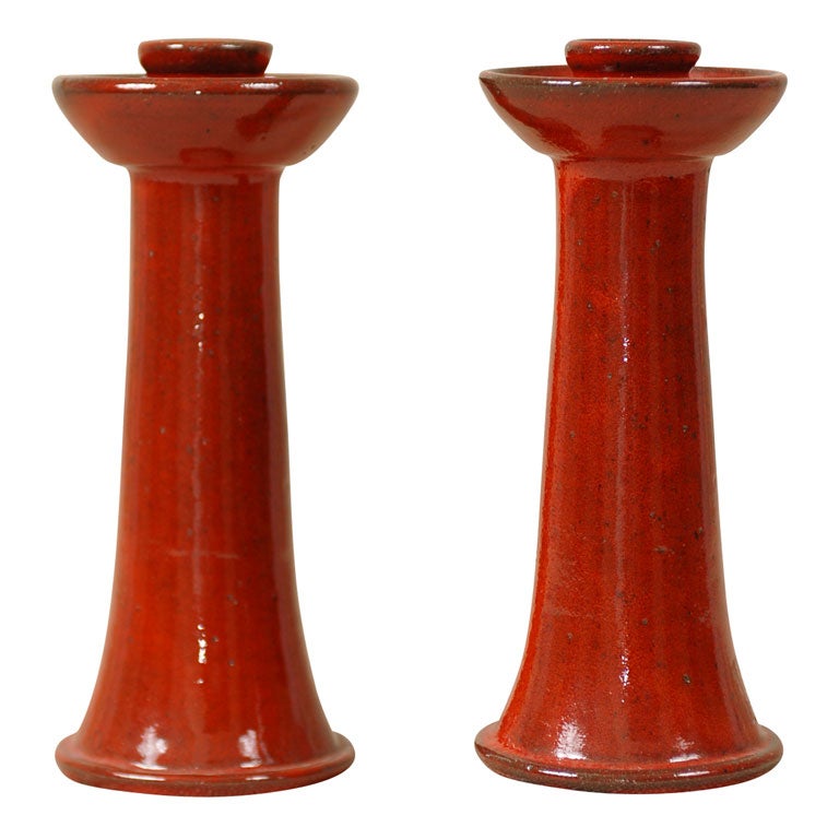 Cole Pottery, North Carolina Candlesticks glazed Red
