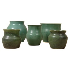 North Carolina Signed Set of Five Green Pottery Vase Collection