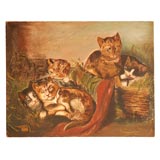 19THC FOLKY OIL PAINTING OF MOTHER CAT W/ KITTENS
