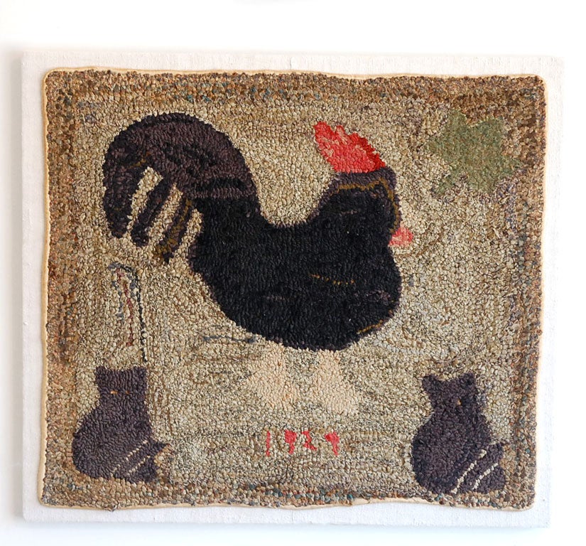RARE-MOUNTED HAND HOOKED PICTORIAL ROOSTER & CAT RUG