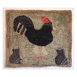 RARE-MOUNTED HAND HOOKED PICTORIAL ROOSTER & CAT RUG