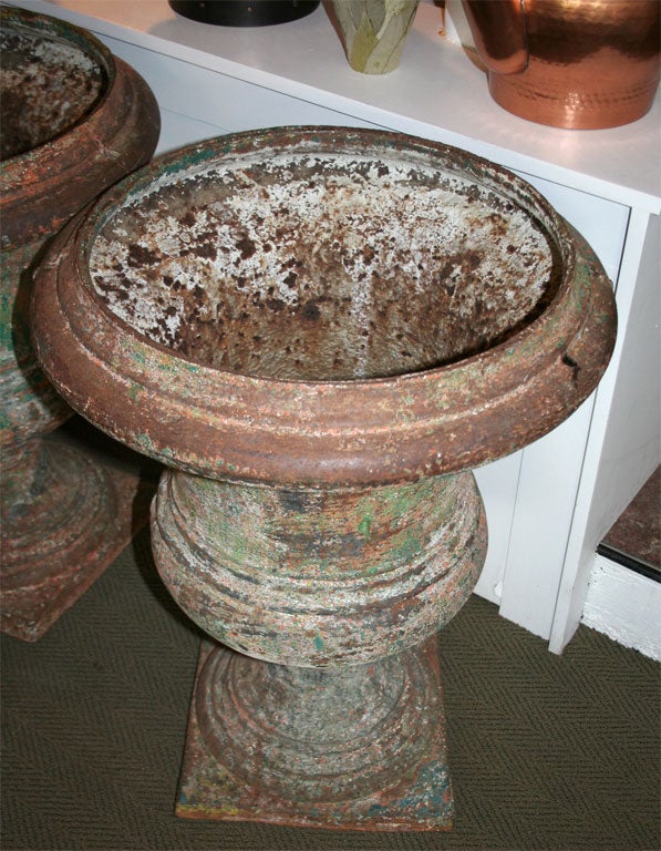 Pair of Large Cast Iron Garden Urns For Sale 1