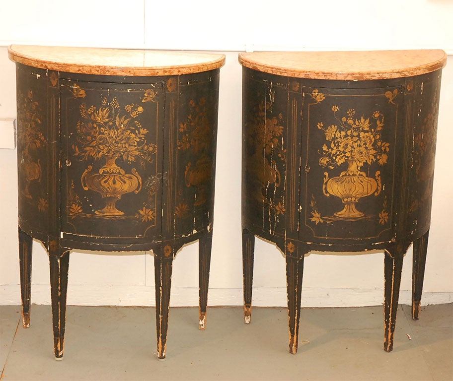 Pair of Early 19th C.  Painted Wood and Marble Topped Tables
