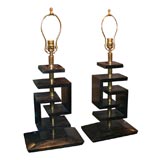 Pair of geometric wood lamps by James Mont