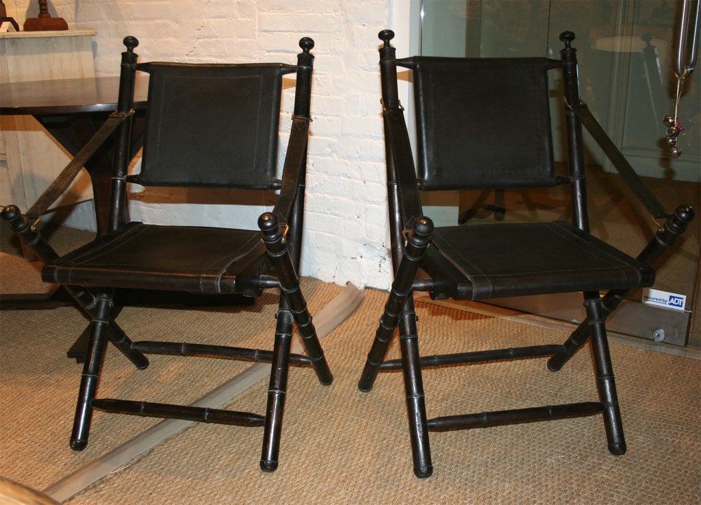 Pair of 19th Century French Leather and Ebony Folding Chairs