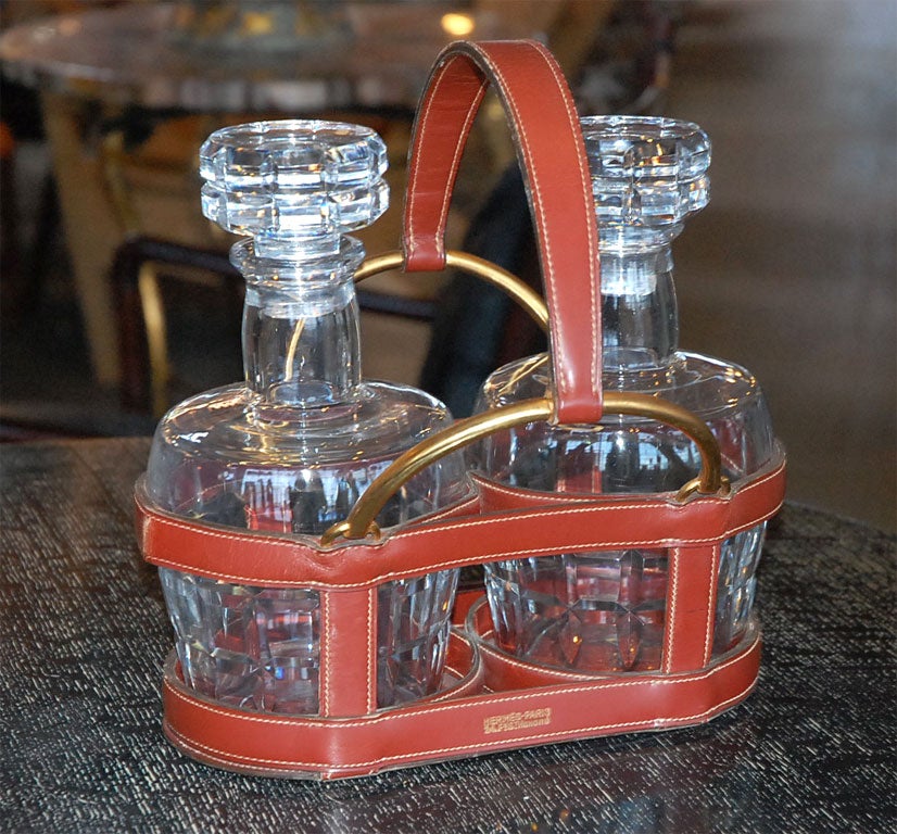Hermes leather holder with 2 Baccarat crystal decanters from the 1950's