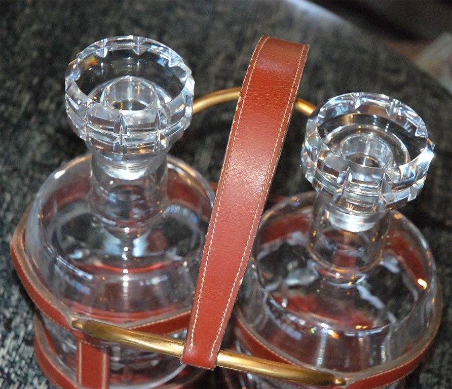 Mid-20th Century Hermes Leather Baccarat Crystal Decanter Set