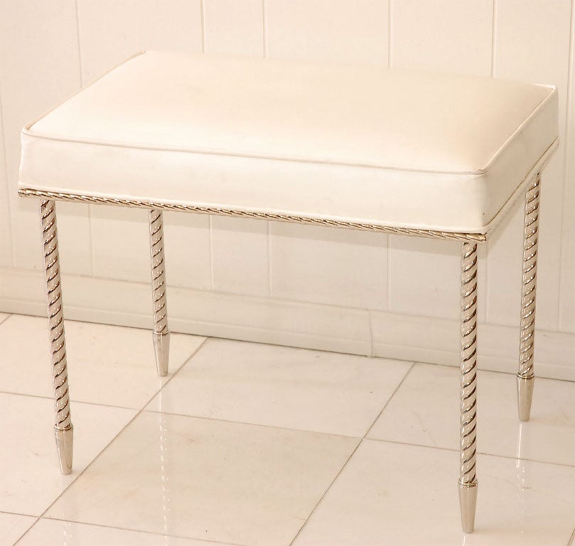 A Charles Hollis Jones Regency Bench in nickel and white leather. Signed and dated 1962.