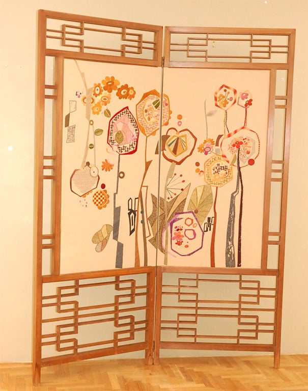 Japanese Teak & Textile Screen