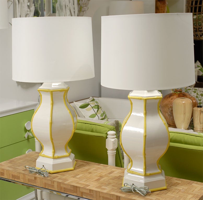 Pair of White & Yellow Bamboo Lamps