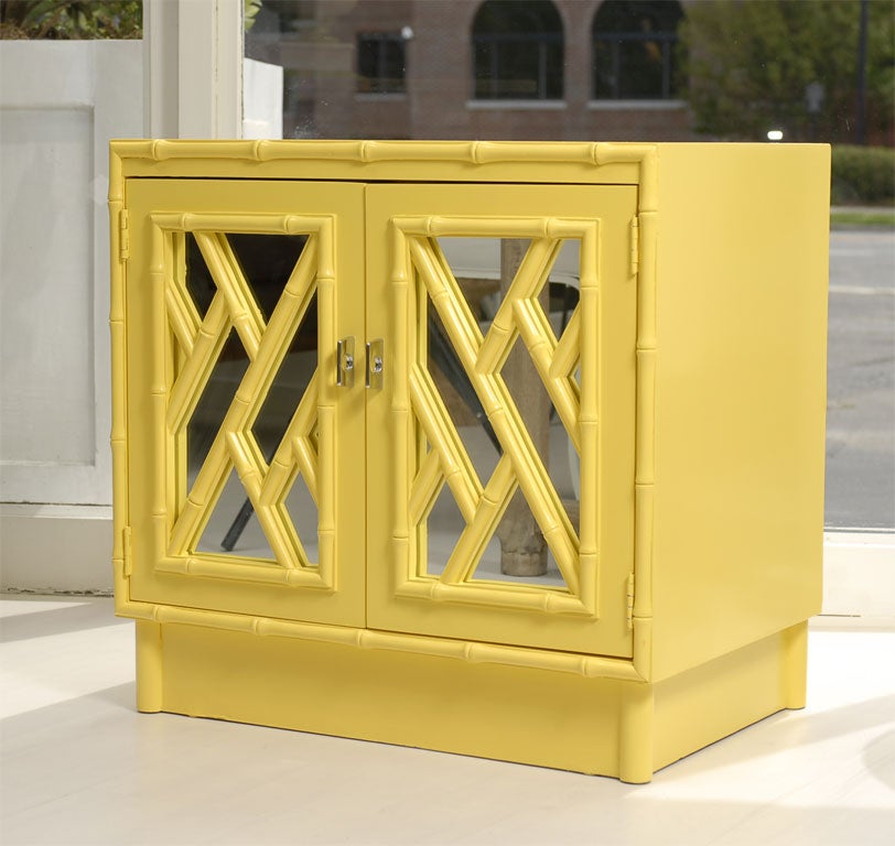 These are great vintage and restored night stands.  Newly painted yellow semi gloss finish.  The night stands have one interior shelf.  All original hardware.