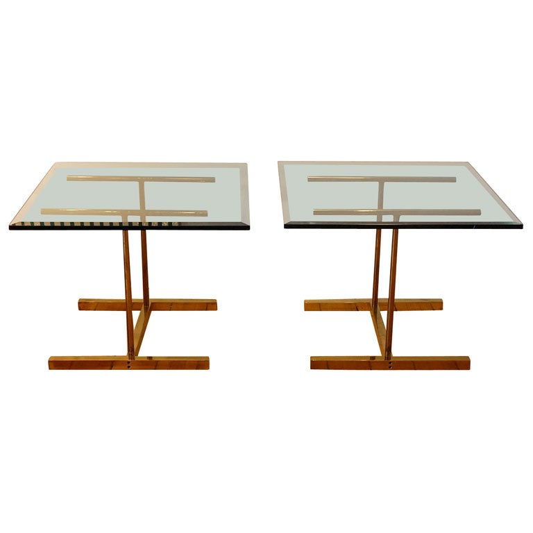 Pair of  Brass lamp Tables with Beveled Glass Tops