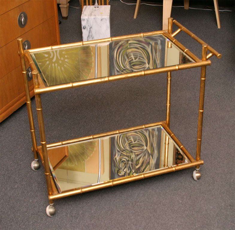 Faux Bamboo Gilt Metal & Mirror Serving Cart