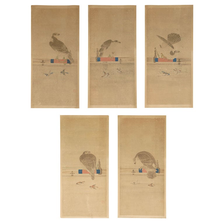 Antique Three Japanese Hawk Paintings