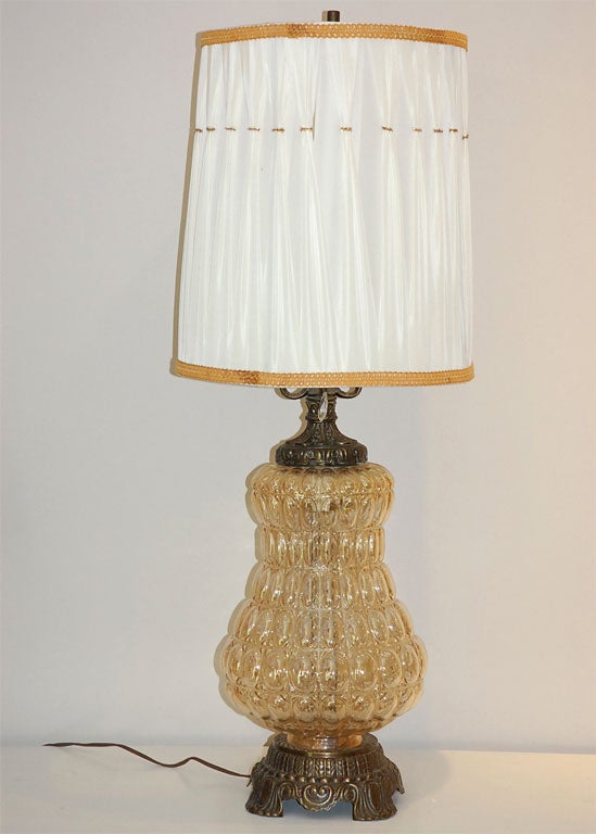 Pair of vintage murano mercury lamps with brass accents and hanging crystals. Comes with original shades.