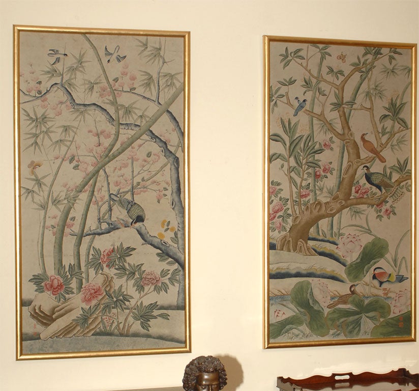 A Pair of 18th Century Style Chinese Wallpaper Panels with Giltwood Frames. Stylized Depiction of Birds on Limbs , Bamboo, and Peonies.