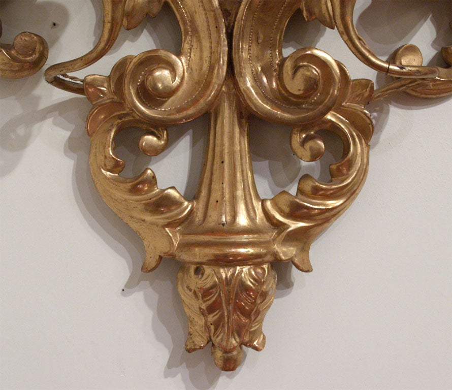 Monumental Pair of Giltwood Italian Wall Sconces For Sale 1