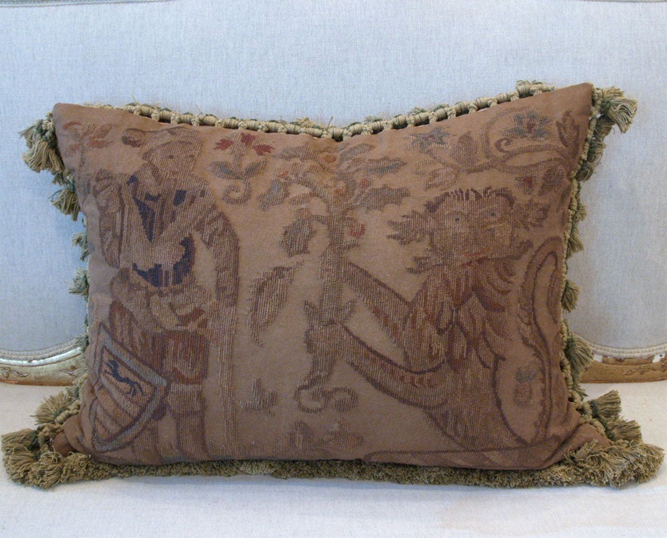 Fringed Aubusson Pillow with Elizabethan Figure with Lion on Right Side