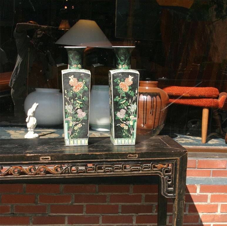 Pair of handsome Chinese vases, famille noir, black and green floral decoration, Kung'shi periord