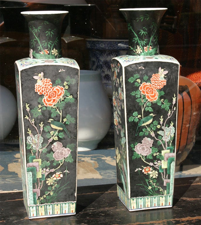 18th Century and Earlier Pair of Famille Noir Chinese Vases