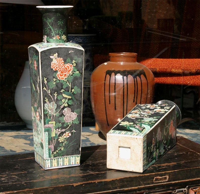 Porcelain Pair of Famille Noir Chinese Vases