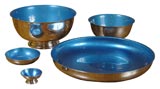 Five silverplate and color-glazed dishes