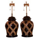 LARGE PAIR OF LATICE WEAVE LAMPS BY FREDERICK COOPER