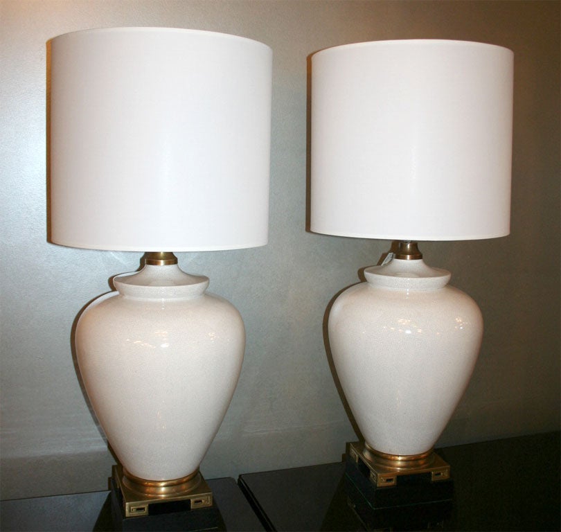 Pair of Porcelain Ceramic Lamps on Brass Greek Key Bases