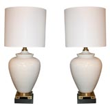 Pair of Porcelain Ceramic Lamps on Brass Greek Key Bases