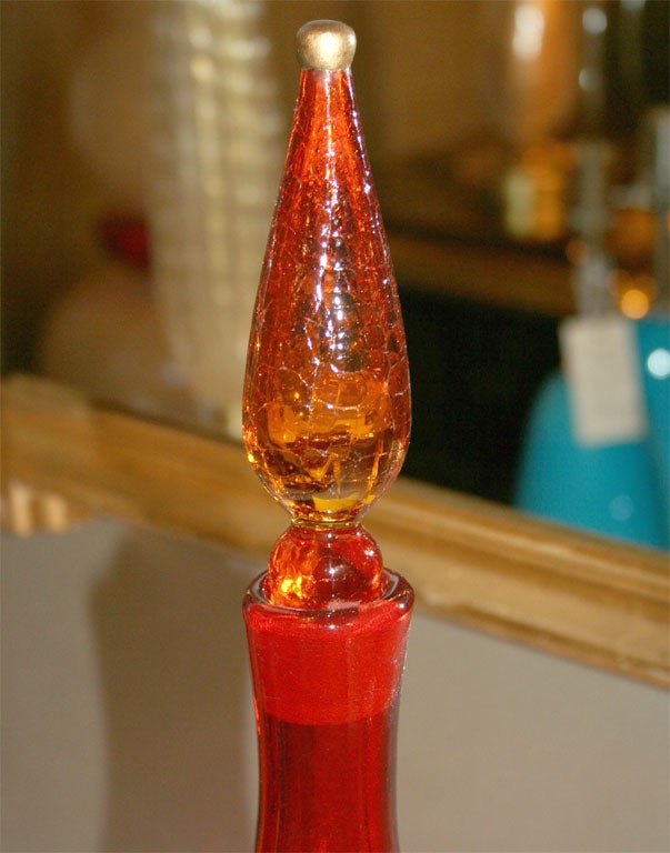 Vintage Blenko Red-Orange Glass Decanter with gilding on stopper.