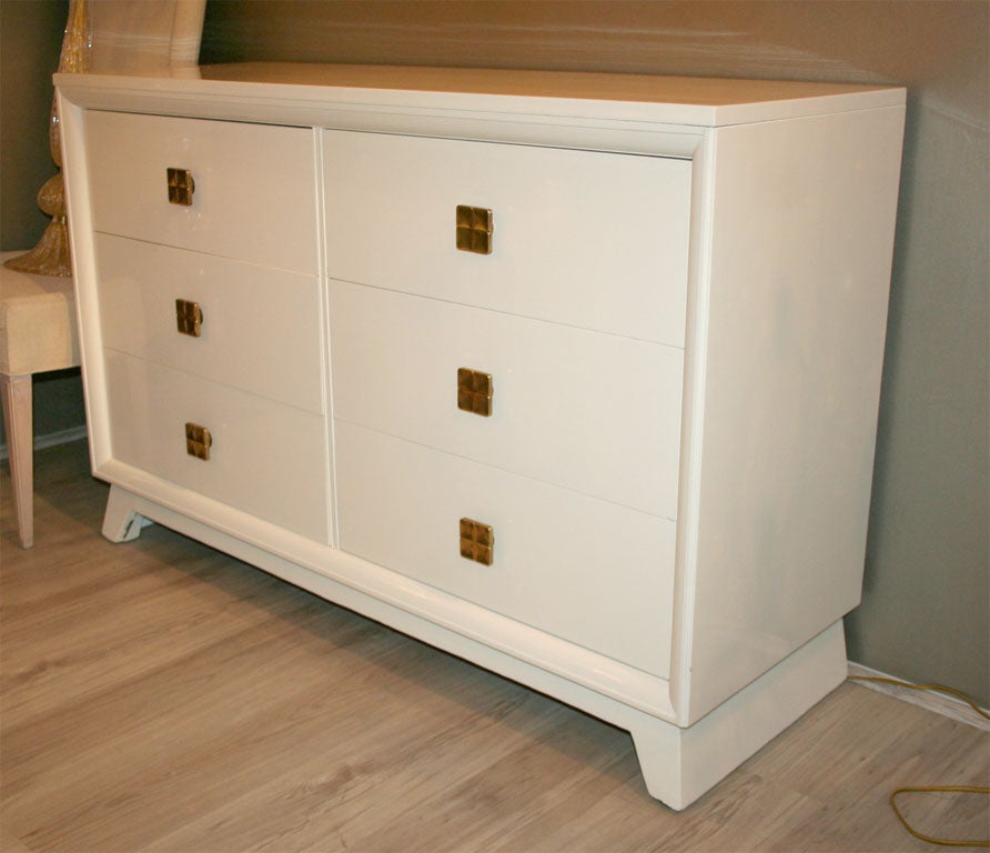 Cream Lacquer Dresser with Brass Knobs by Jean Charles Moreux