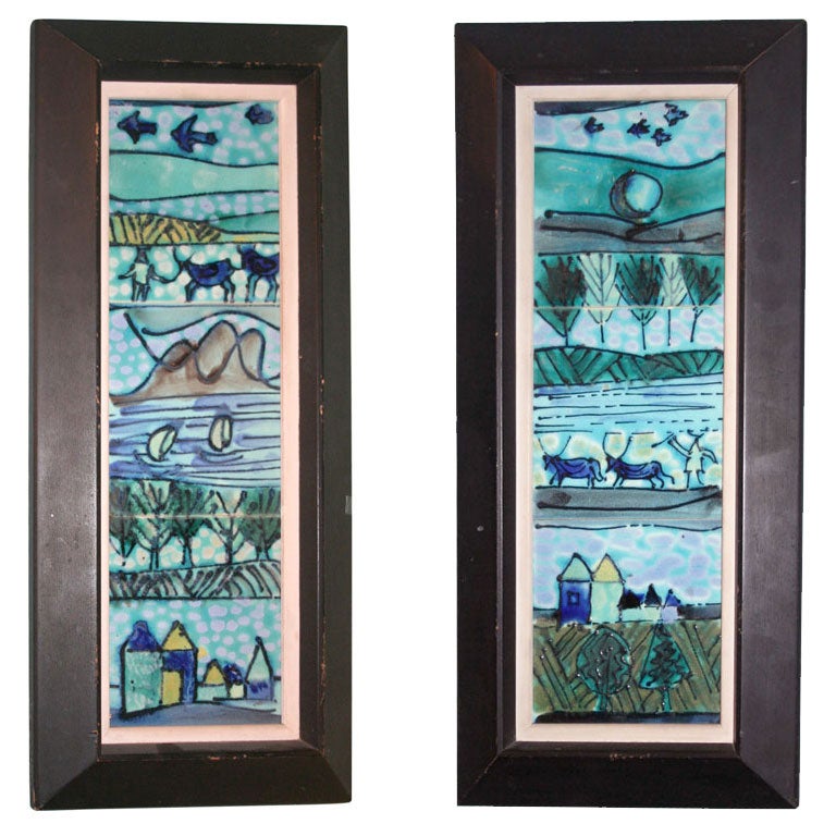 Pair of Framed Tile Paintings by Harris G. Strong