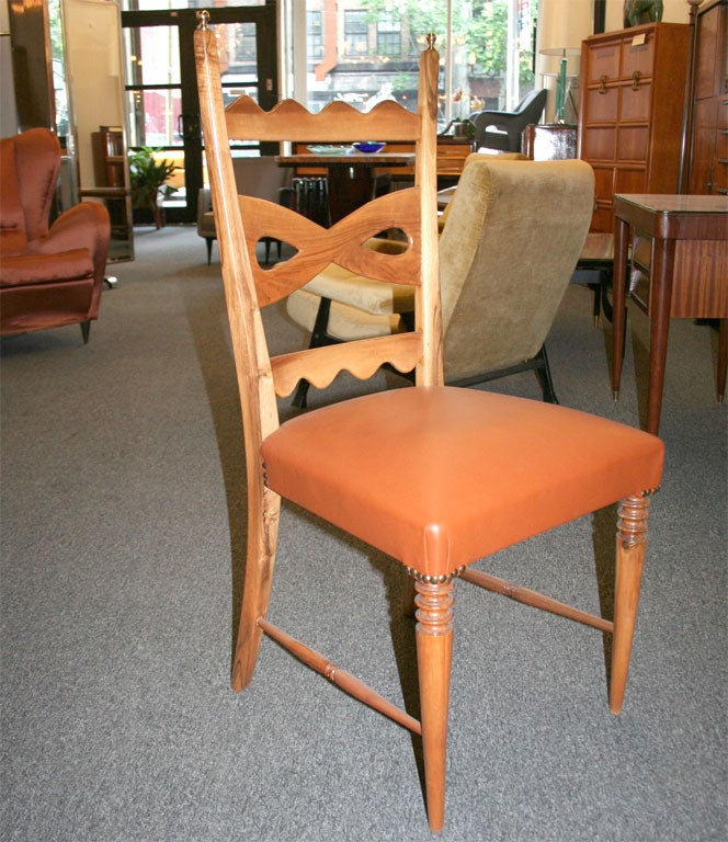 Paolo Buffa set of six high back walnut dining room chairs, each with bow shaped backs and scalloped slats and brass finials. Made in 1940 in Milan. Leather seats. Great quality.
 