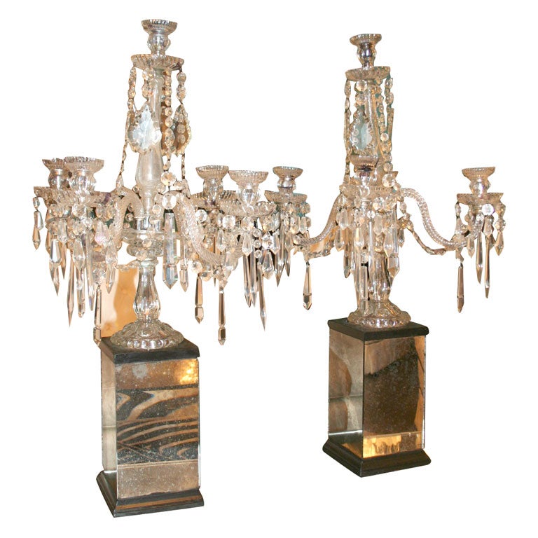 Pair of Crystal Candelabras with Mirrored Bases at 1stDibs