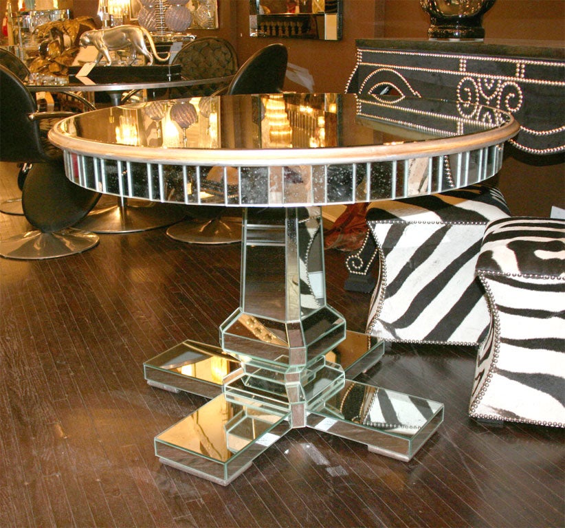Custom round mirrored center hall table. Customization is available in different sizes and mirror finishes.