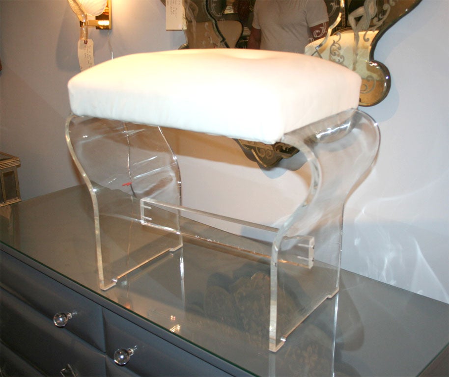 1970's Lucite Bench with White Leather Top