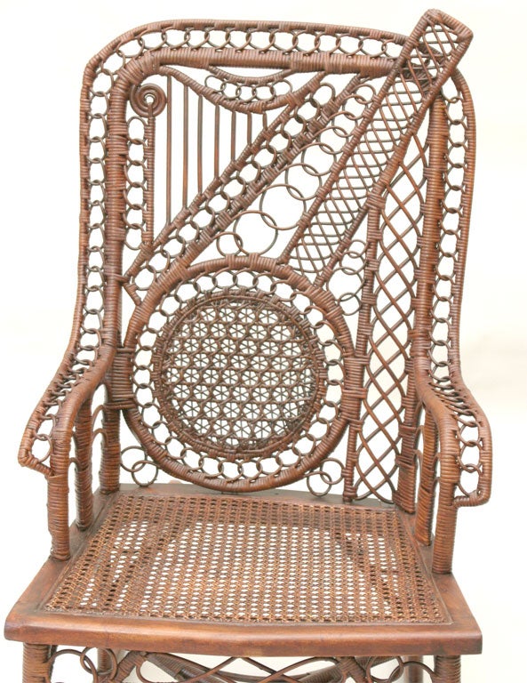 19th Century Victorian Banjo/Harp Motif Wicker Rocking Chair