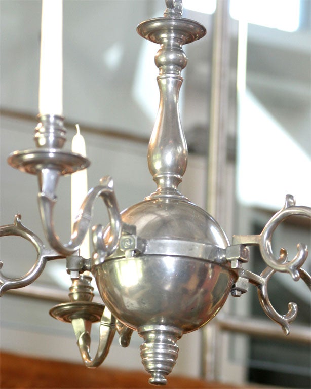 Dutch Pewter 5 Arm Chandelier In Excellent Condition In Sheffield, MA