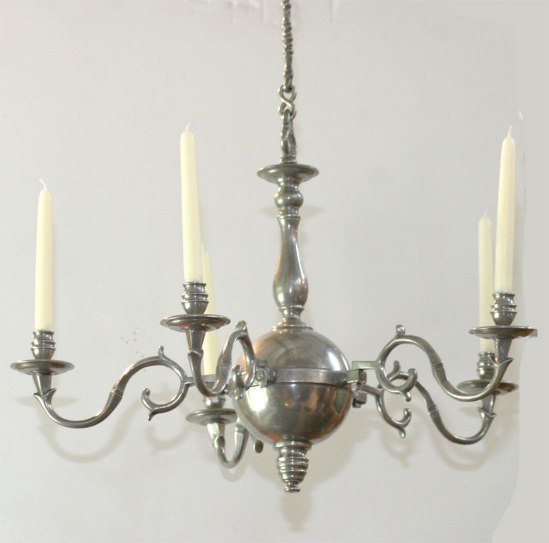 Dutch Pewter 5 arm chandelier with scrolled arms, and unusual chain. Not electrified.