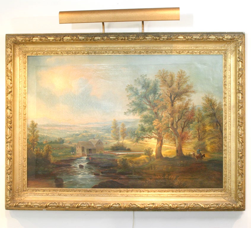 Hudson River Valley Farm scene with people in foreground, and luminescent valley in distance. Oil on canvas, on original stretcher and frame.Unsigned